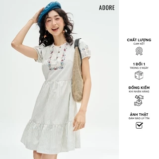 511DR1069 - Đầm mini nối tầng sọc xanh thêu cổ ADORE