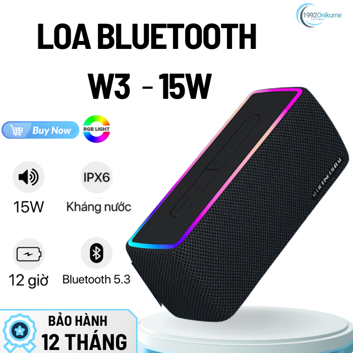 Loa Bluetooth W3 15W Bass Căng Cực Đỉnh Đèn LED Nháy Theo Nhạc Pin Trâu 10H Kèm Đài FM -Cắm Thẻ Nhớ
