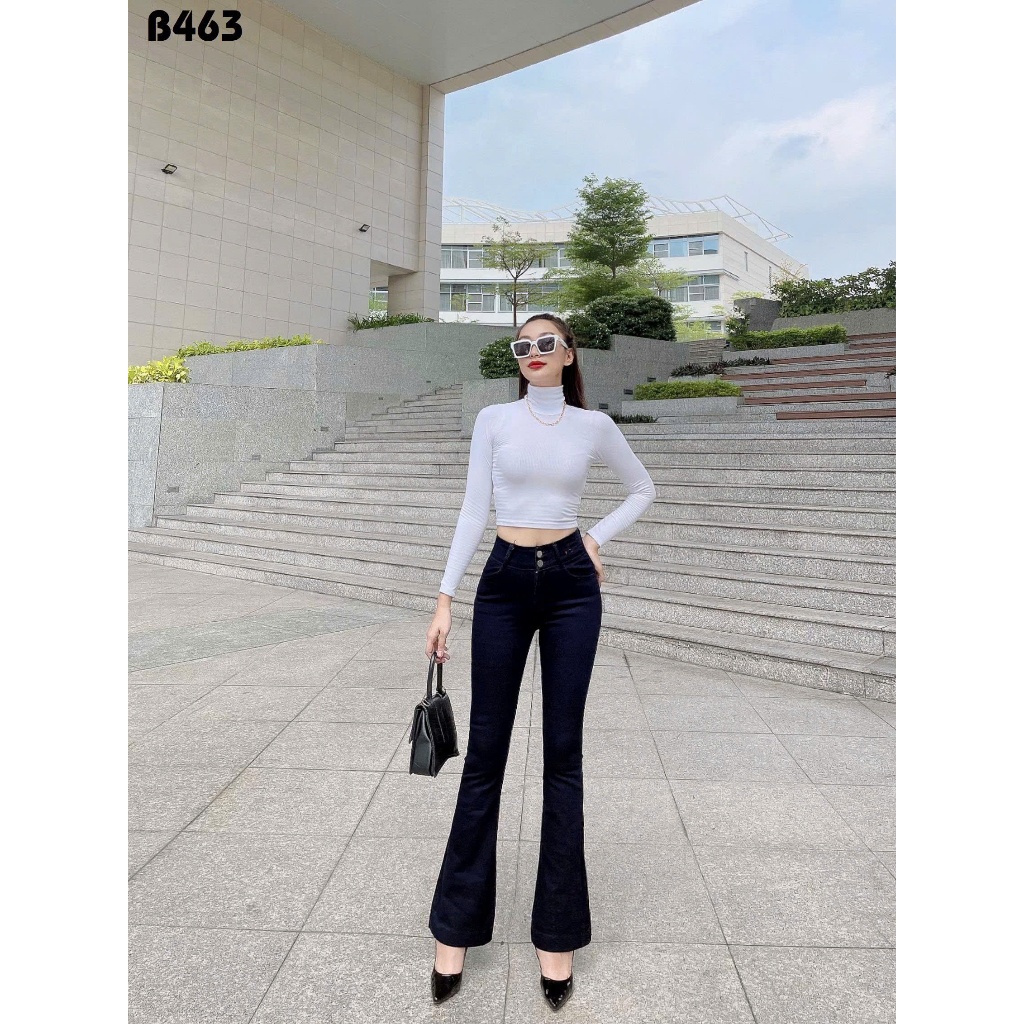 Quần Jeans Nữ Ống Loe Dài Lưng Cao 2 Nút Màu trắng đen