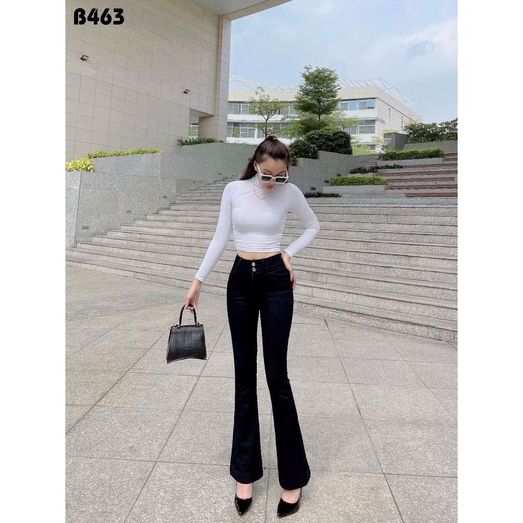 Quần Jeans Nữ Ống Loe Dài Lưng Cao 2 Nút Màu trắng đen