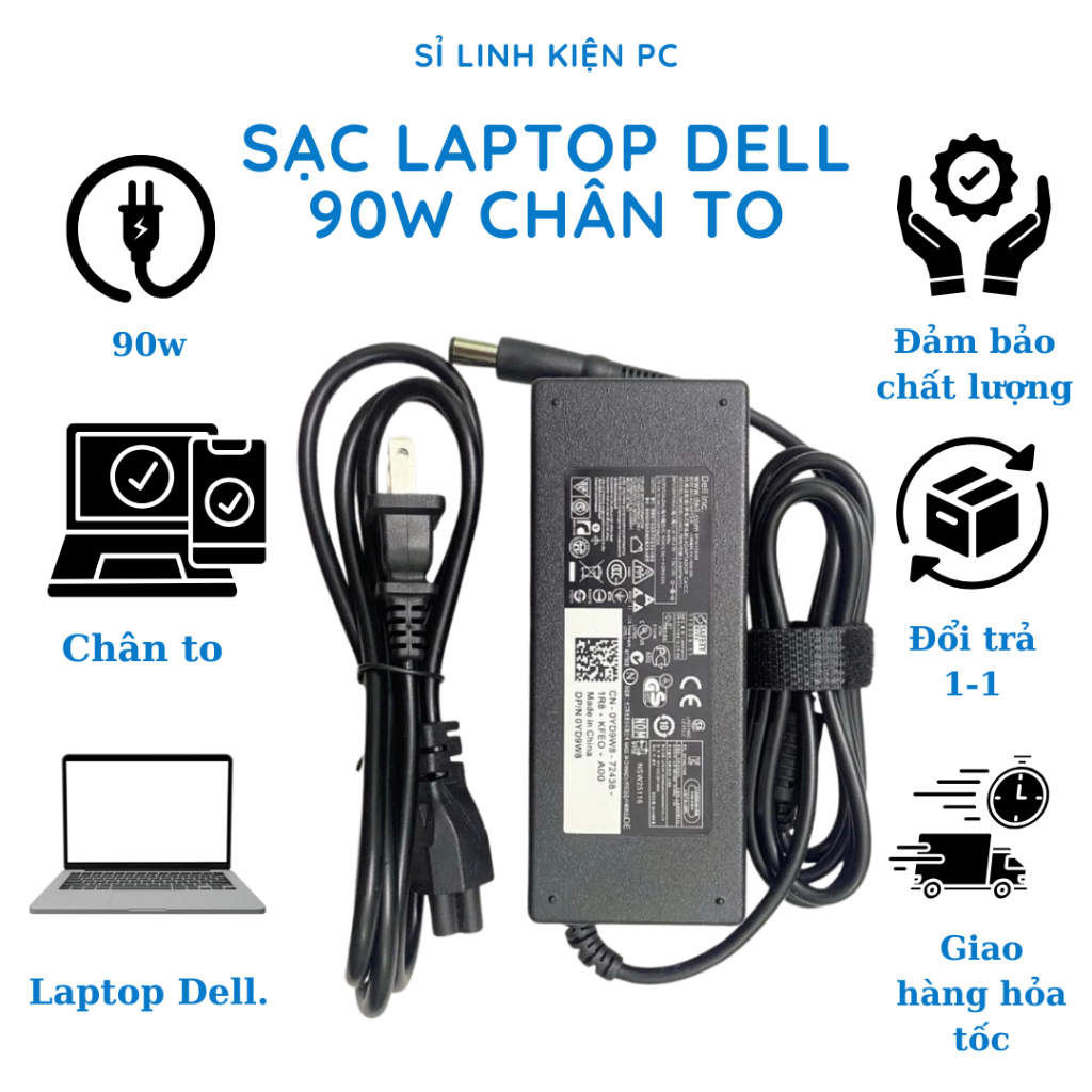 Sạc Laptop Dell 19.5V - 4.62A - 90W Chân kim to 7.4mm x 5.0mm BH 12 Tháng