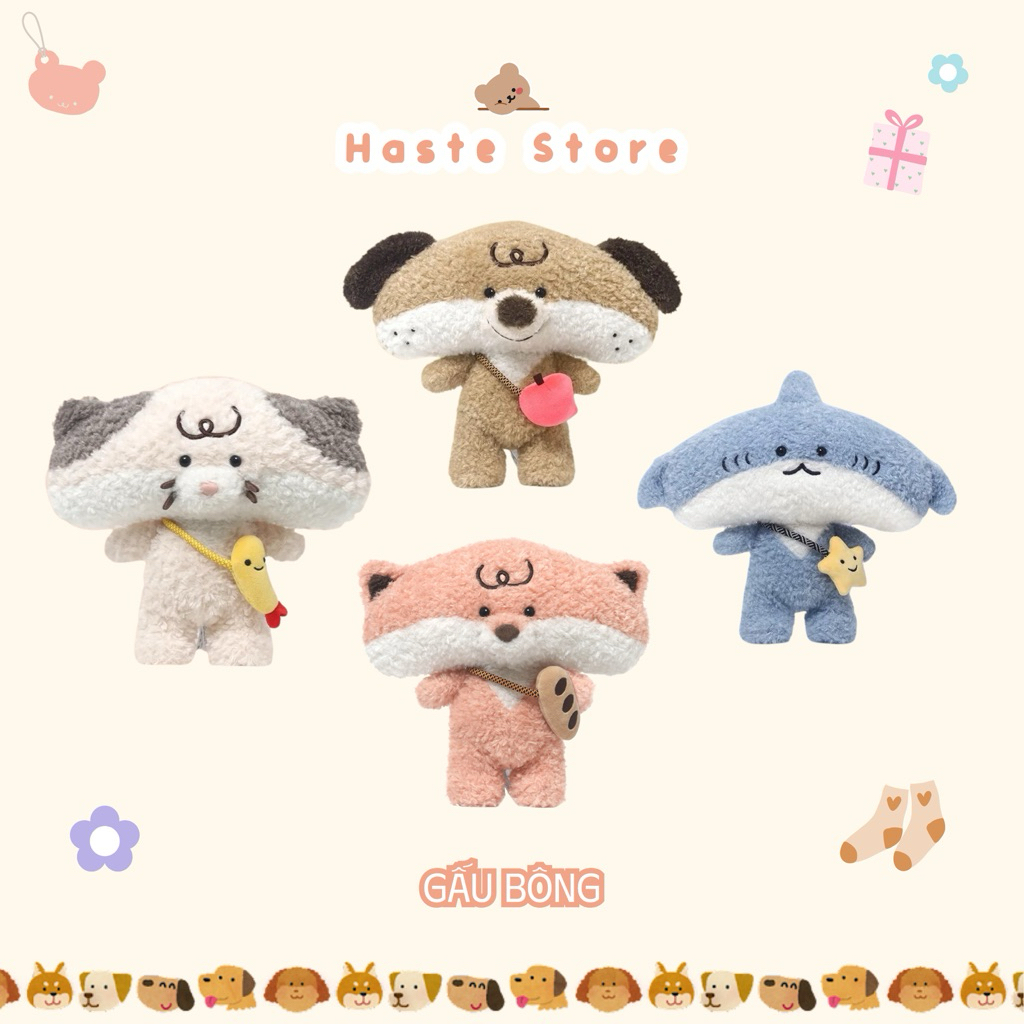 Gấu Thú Bông Mặt Vuông Đeo Phụ Kiện Hề Hước Cáo Mèo Puppy Cún Chó Lông Xù Siêu Mềm Mịn Siêu Dễ Thương