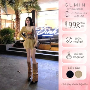 Set bộ áo váy GUMIN thiết kế áo lệch vai dài tay phối họa tiết chữ kèm chân váy voan tơ xòe tầng sang trọng