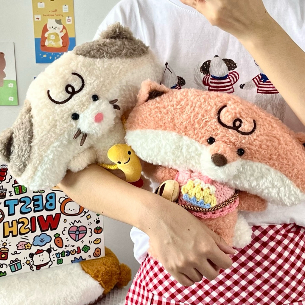 Gấu Thú Bông Mặt Vuông Đeo Phụ Kiện Hề Hước Cáo Mèo Puppy Cún Chó Lông Xù Siêu Mềm Mịn Siêu Dễ Thương