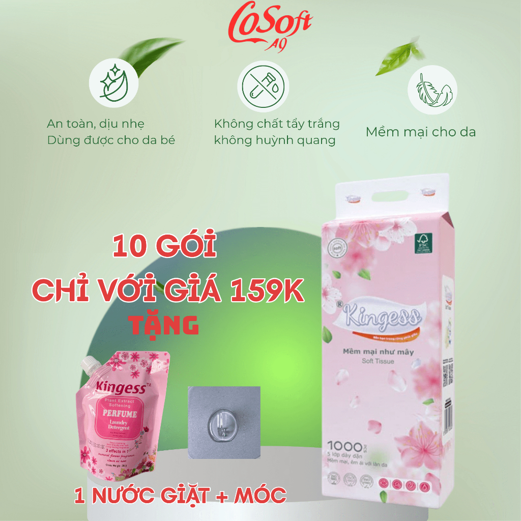 Combo 10 Túi Giấy Rút Treo Tường Kingess Màu Hồng,1000 Tờ-5Lớp-Mềm Mịn-Không Hóa Chất-An Toàn Cho Da