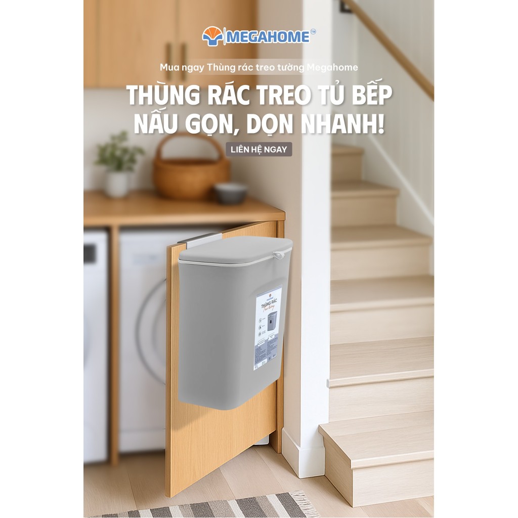 Thùng Treo Rác Thông Minh, Treo Tủ Bếp, Dán Tường MEGAHOME - Thiết Kế Tiện Lợi, Nắp Đóng Mở 2 Hướng, Dung Tích 9L