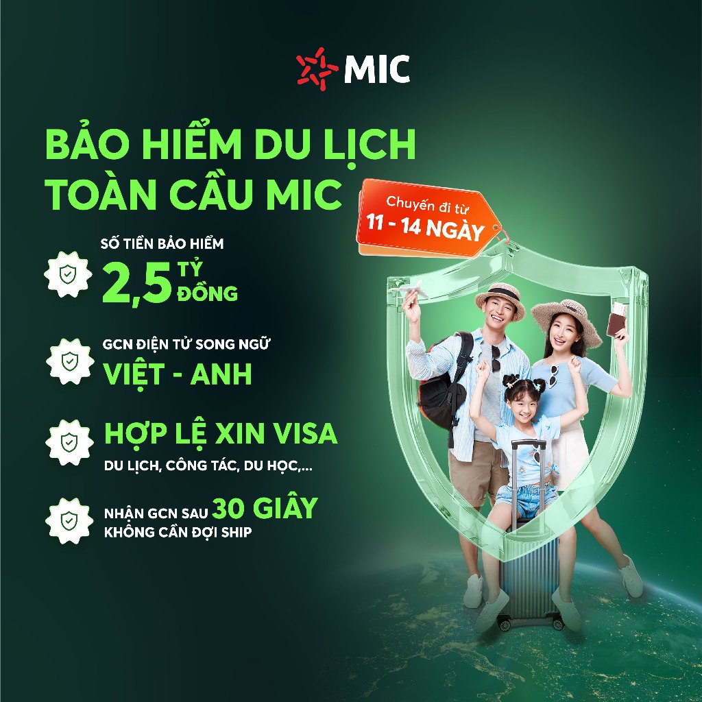 Toàn quốc [E-Voucher] Bảo hiểm du lịch toàn cầu MIC, chuyến đi từ 11 - 14 ngày, quyền lợi 2,5 tỷ, xin Visa toàn cầu