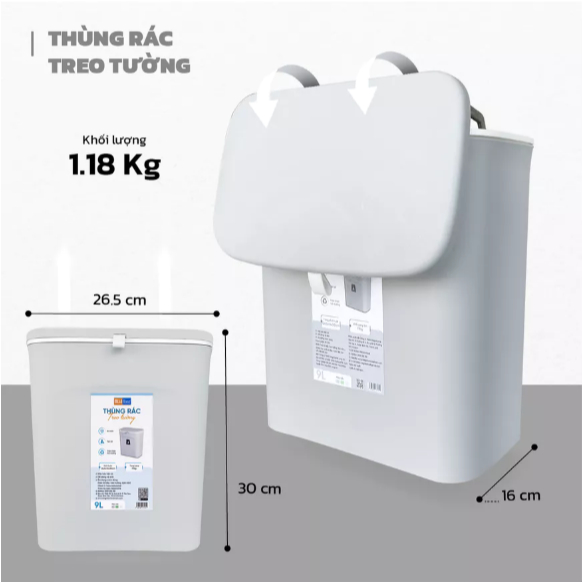 Thùng Treo Rác Thông Minh, Treo Tủ Bếp, Dán Tường MEGAHOME - Thiết Kế Tiện Lợi, Nắp Đóng Mở 2 Hướng, Dung Tích 9L