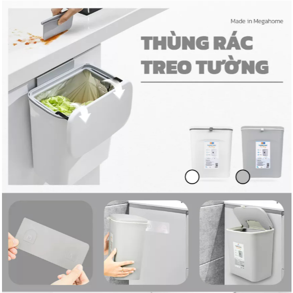 Thùng Treo Rác Thông Minh, Treo Tủ Bếp, Dán Tường MEGAHOME - Thiết Kế Tiện Lợi, Nắp Đóng Mở 2 Hướng, Dung Tích 9L