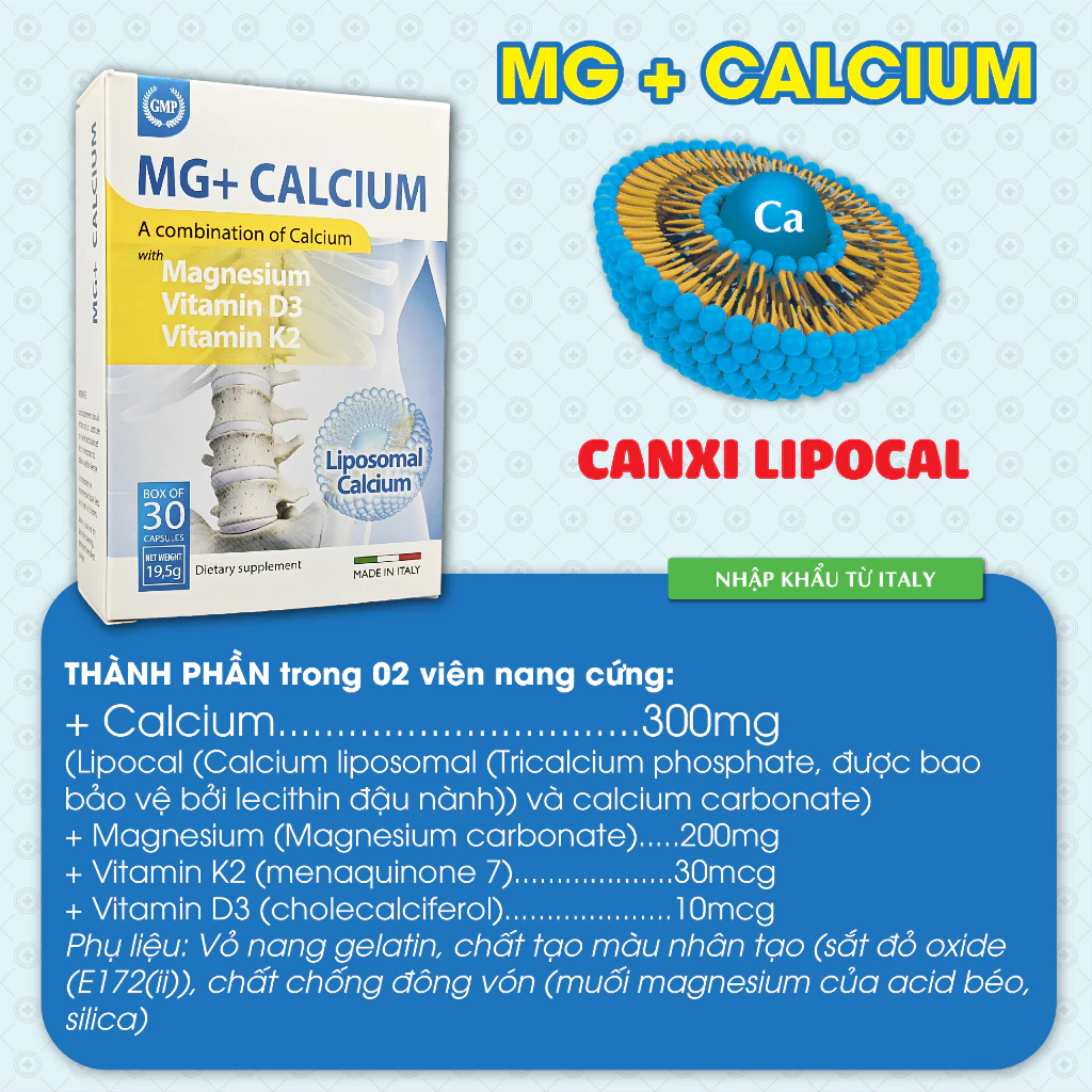 Canxi MG+ Calcium Canxi Sinh Học Lipocal Dành Cho Phụ Nữ Có Thai, Trẻ Đang Phát Triển, Người Loãng Xương (30V) - Italy