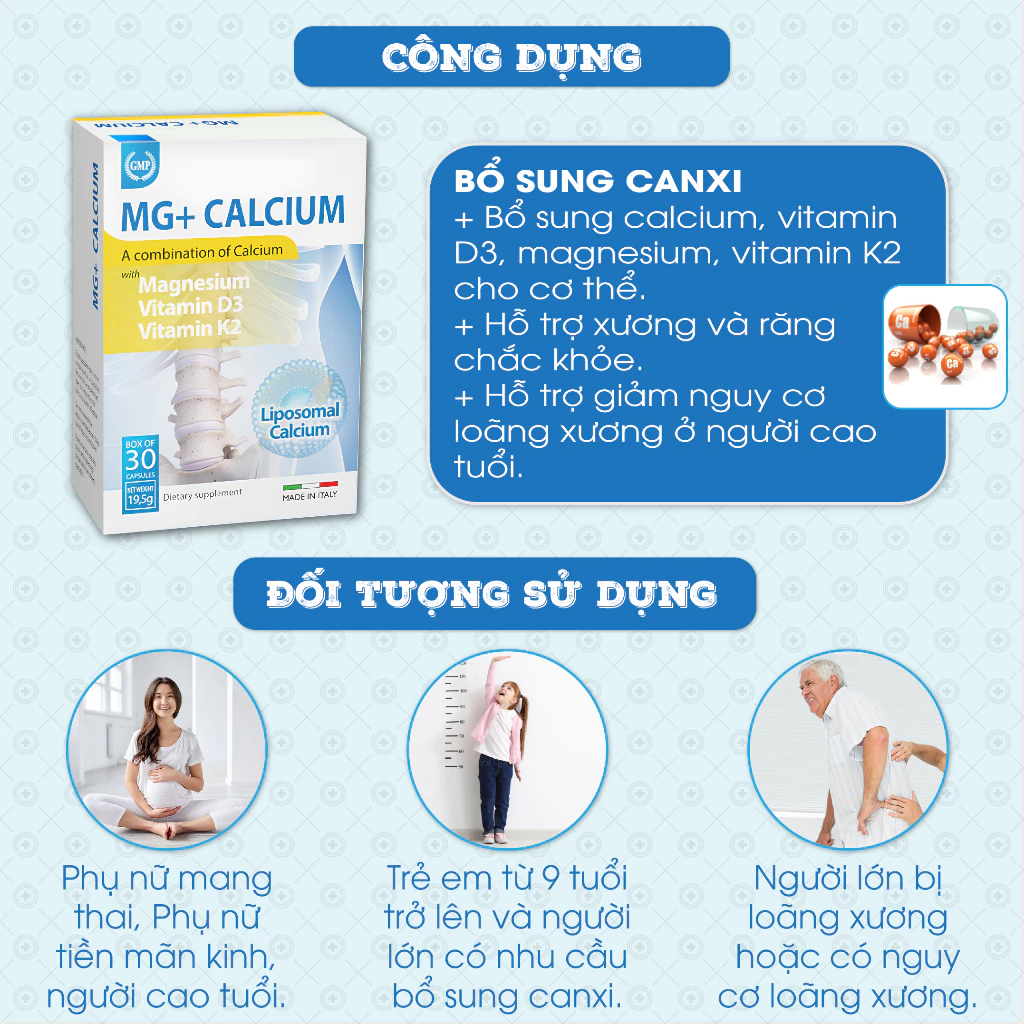 Canxi MG+ Calcium Canxi Sinh Học Lipocal Dành Cho Phụ Nữ Có Thai, Trẻ Đang Phát Triển, Người Loãng Xương (30V) - Italy