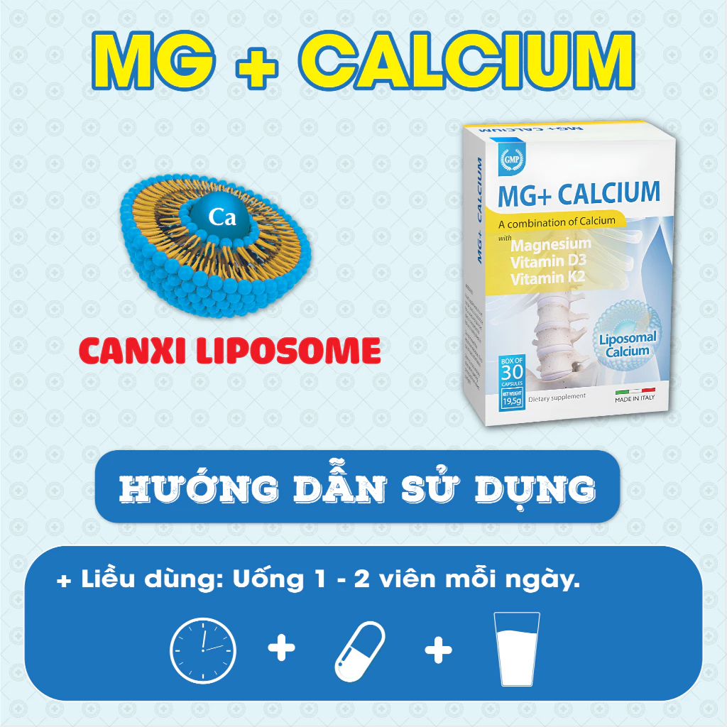 Canxi MG+ Calcium Canxi Sinh Học Lipocal Dành Cho Phụ Nữ Có Thai, Trẻ Đang Phát Triển, Người Loãng Xương (30V) - Italy