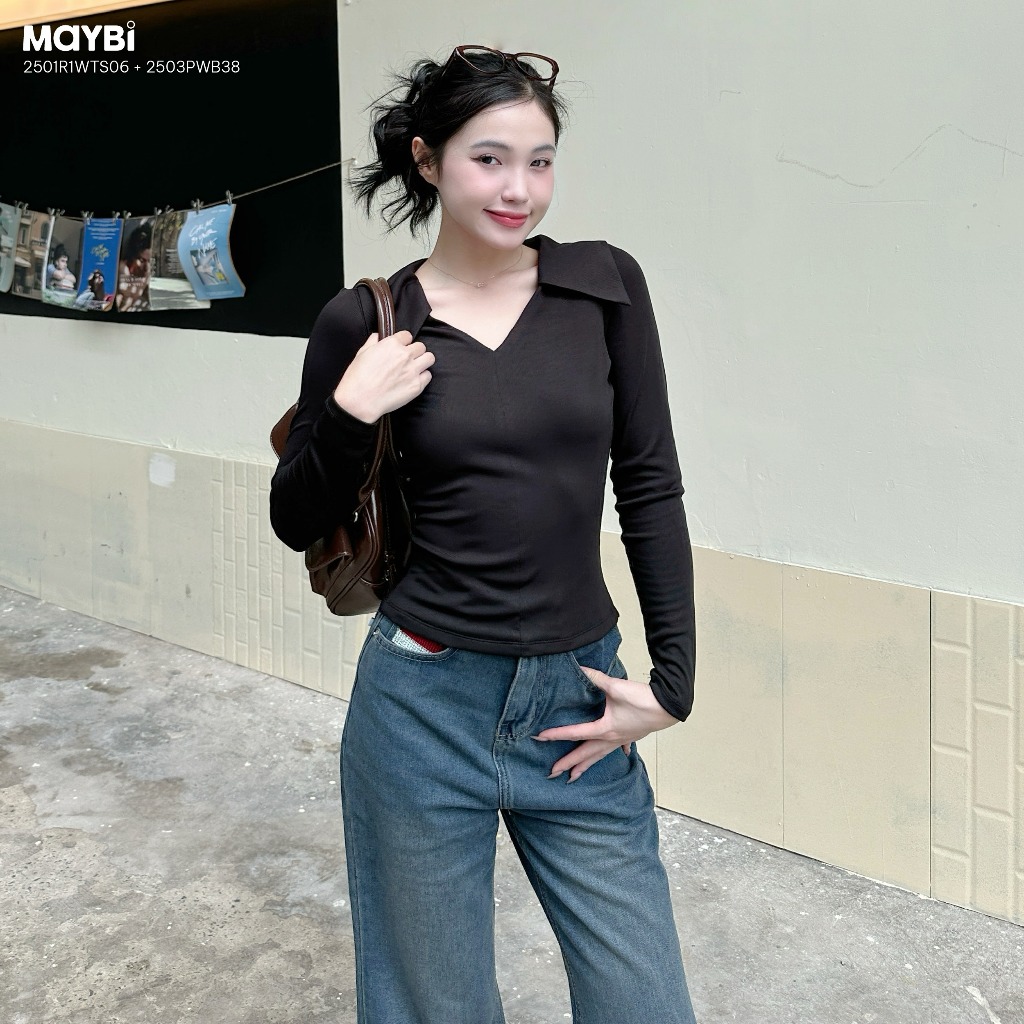 MAYBI Quần jean ống loe xanh đậm túi phối sọc