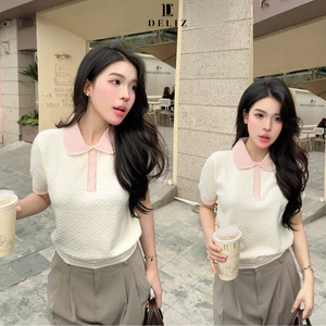 DELIZ - Áo len cộc tay mùa hè cho nữ phối cổ sen dệt vân nổi len lông thỏ thiết kế PL30
