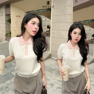 DELIZ - Áo len cộc tay mùa hè cho nữ phối cổ sen dệt vân nổi len lông thỏ thiết kế PL30