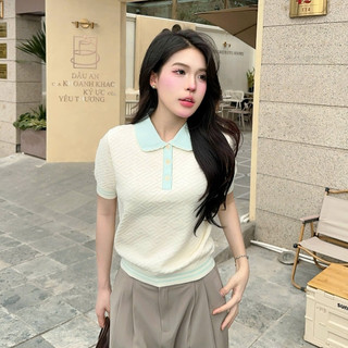 DELIZ - Áo len cộc tay mùa hè cho nữ phối cổ sen dệt vân nổi len lông thỏ thiết kế PL30