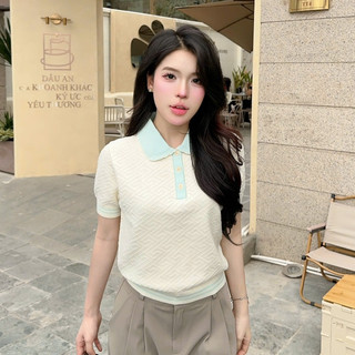 DELIZ - Áo len cộc tay mùa hè cho nữ phối cổ sen dệt vân nổi len lông thỏ thiết kế PL30