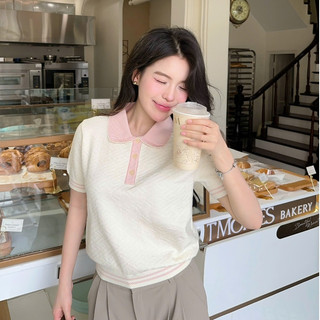 DELIZ - Áo len cộc tay mùa hè cho nữ phối cổ sen dệt vân nổi len lông thỏ thiết kế PL30