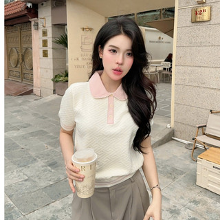 DELIZ - Áo len cộc tay mùa hè cho nữ phối cổ sen dệt vân nổi len lông thỏ thiết kế PL30