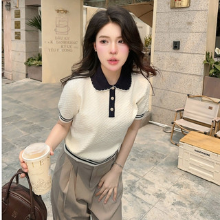 DELIZ - Áo len cộc tay mùa hè cho nữ phối cổ sen dệt vân nổi len lông thỏ thiết kế PL30