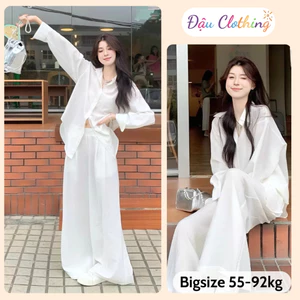 Set Bộ Sơ Mi Quần Dài Nữ Bigsize Vải Đũi Vân Mây Thoáng Mát Form Suông Rộng SET858