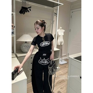 Set Bộ Đồ Nữ Áo Croptop Đen In Bad Rồng Ngắn Tay Ôm Body Mix Quần Dài Boom Gấu Dây Rút Freesize