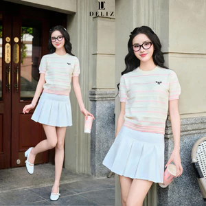Áo len cổ tròn mùa hè ngắn tay cho nữ tone pastel thêu nơ kẻ ngang basic DELIZ ALC01