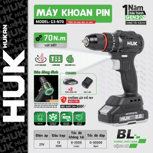 Máy Khoan (GEN3) HUKAN G3-N70|  21V - Lực Siết 70Nm|Động Cơ Không Chổi Than| Tính Năng Tạo Xung, Chống Lật Cổ Tay