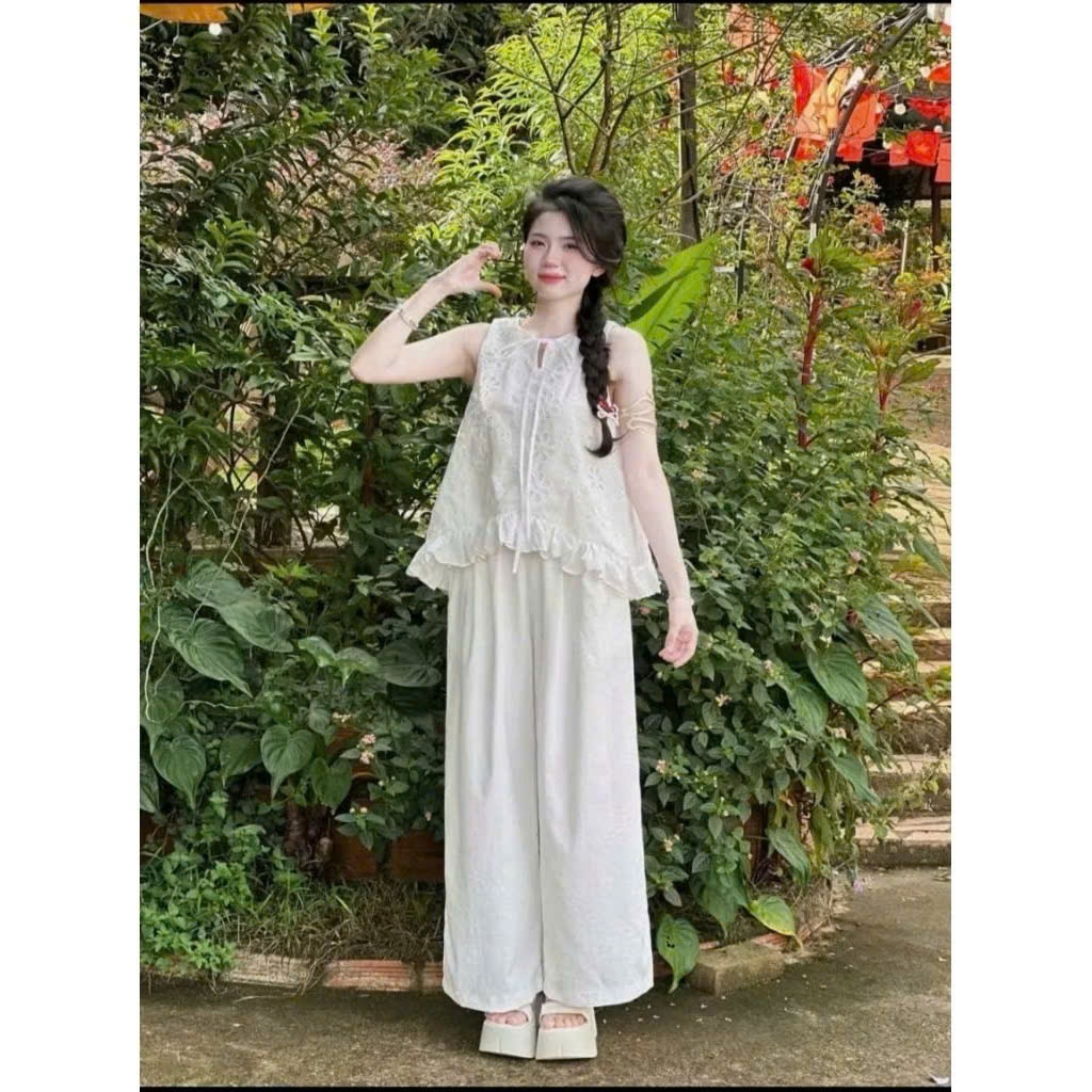 set đồ nữ hàng thiết kế áo babydoll sát nách lai bèo dễ thương phối quần ống rộng sang xịn