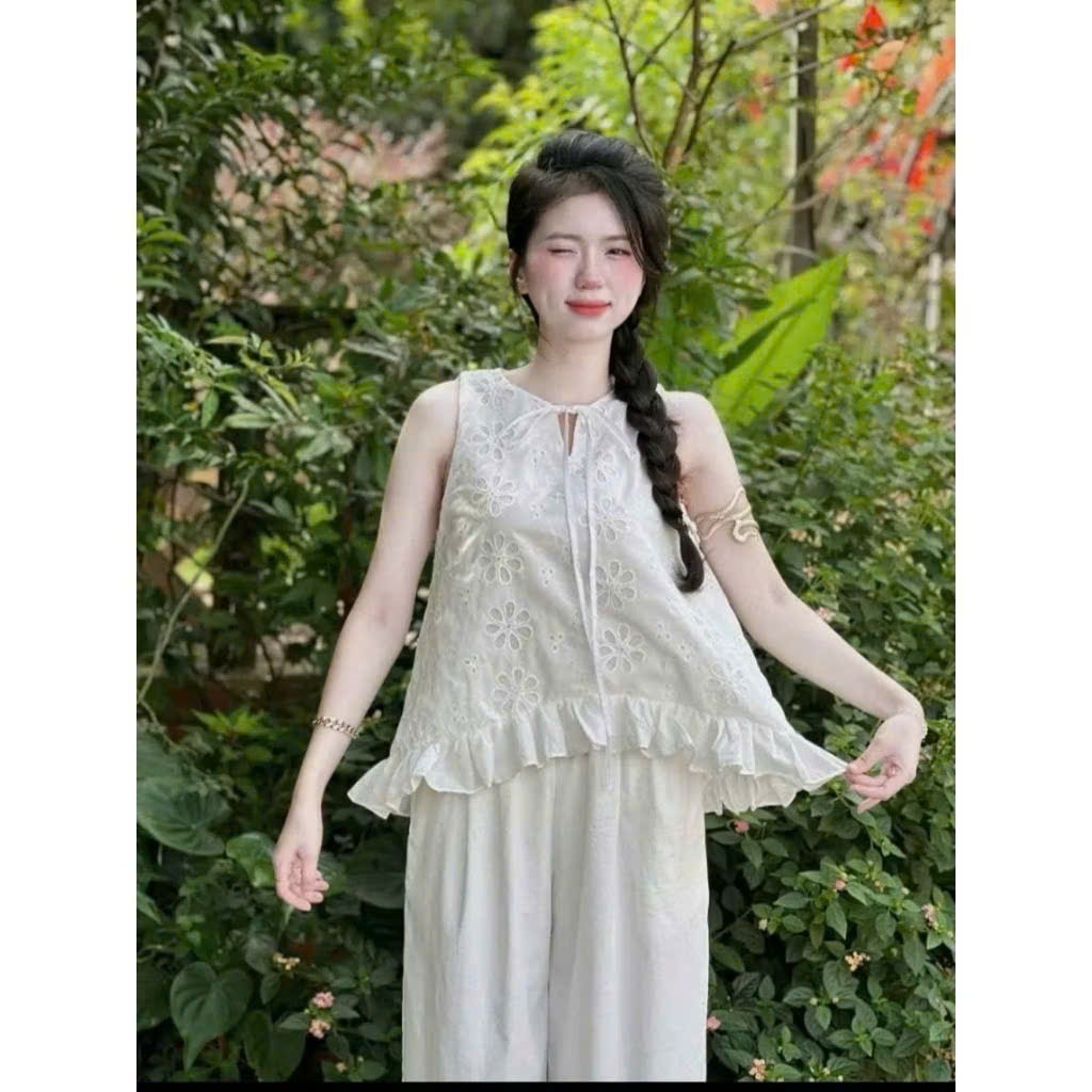 set đồ nữ hàng thiết kế áo babydoll sát nách lai bèo dễ thương phối quần ống rộng sang xịn