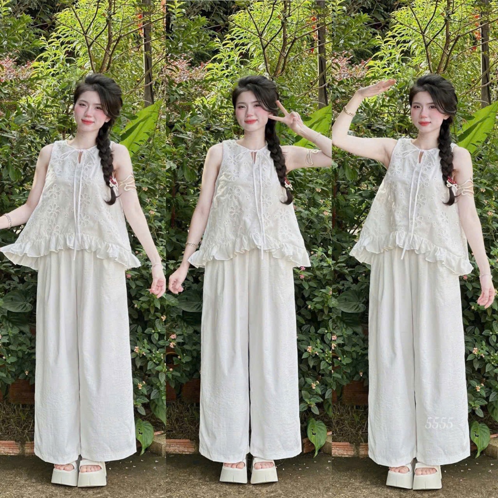 set đồ nữ hàng thiết kế áo babydoll sát nách lai bèo dễ thương phối quần ống rộng sang xịn