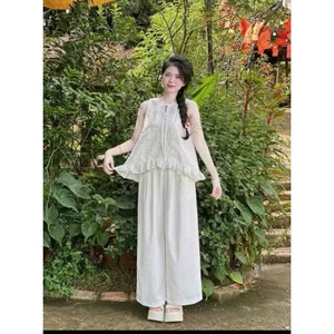 set đồ nữ hàng thiết kế áo babydoll sát nách lai bèo dễ thương phối quần ống rộng sang xịn