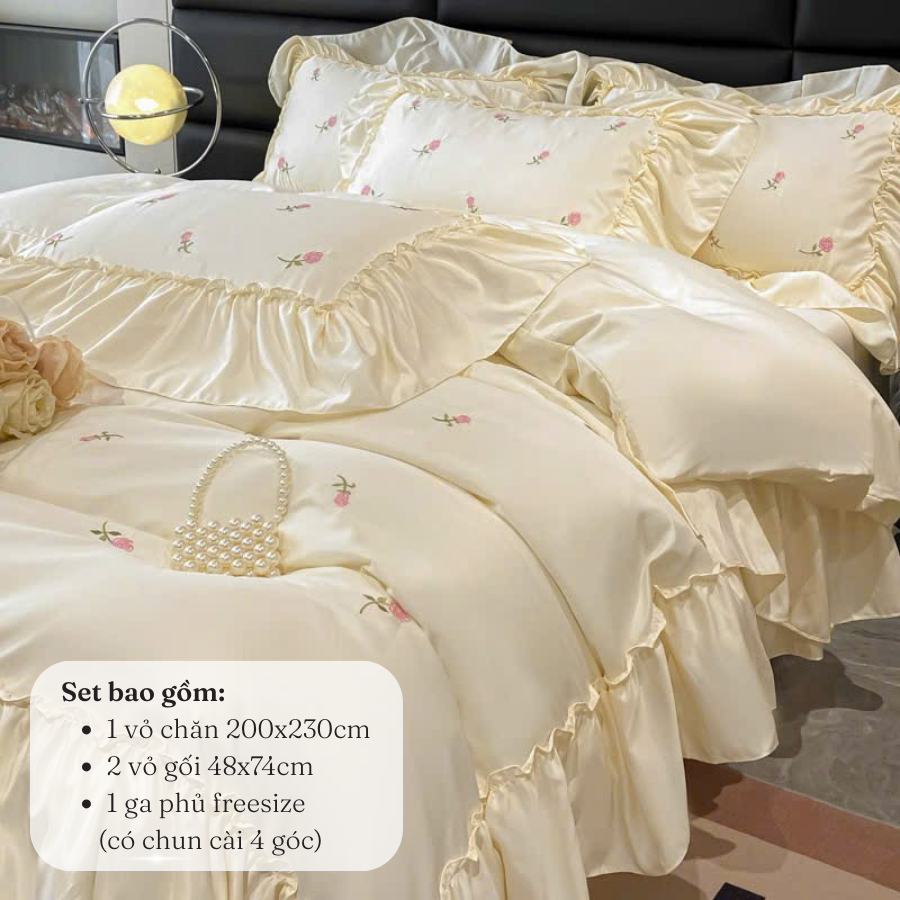 (ST373)Bộ Chăn Ga Gối Tiểu Thư Viền Bèo Xinh Xắn Chất Vải Mềm Mượt,Thoáng Khí - Memminbedding Luxury