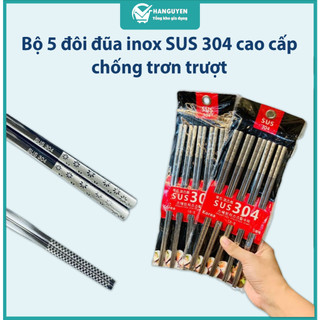 Bộ 5 đôi đũa inox SUS 304 chống trơn trượt cao cấp phong cách Hàn Quốc