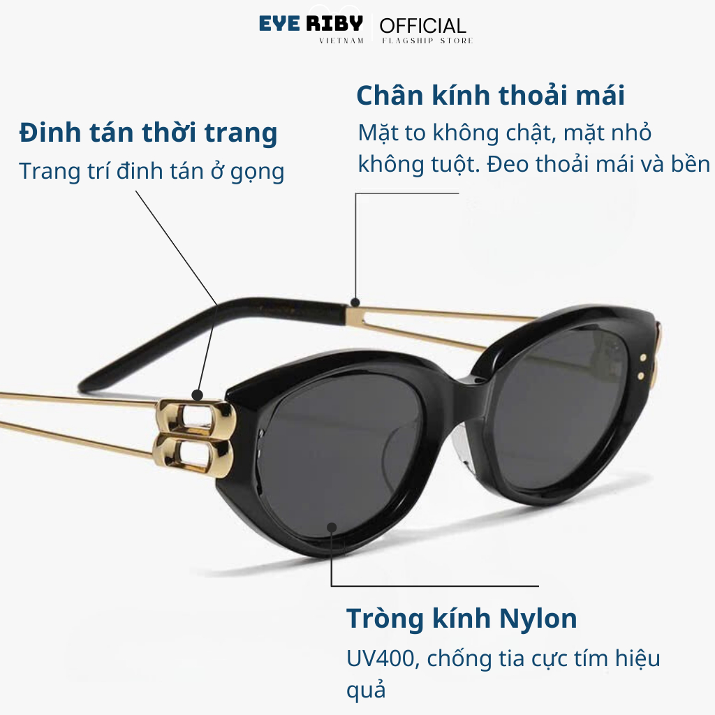 Kính Râm Mắt Mèo Đi Biển EYERIBY Kính Mát Thời Trang Nam Nữ Gọng Kim Loại Titanium Chống Tia UV Phong Cách Hàn Quốc R33