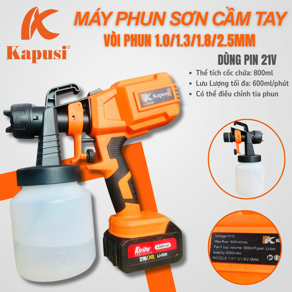 MÁY PHUN SƠN DÙNG PIN 21V K6901 KAPUSI – TIỆN LỢI, MẠNH MẼ, HIỆU QUẢ