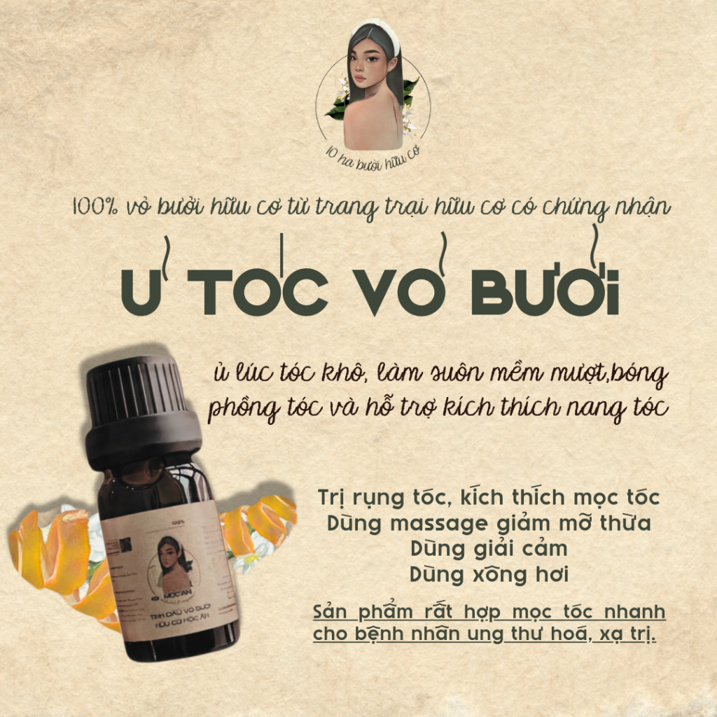 [𝟭𝟬𝗵𝗮buoihuuco] 10 ml Ủ TÓC VỎ BƯỞI - 100% tinh dầu vỏ bưởi hữu cơ siêu đậm đặc giúp Mọc Tóc Nhanh