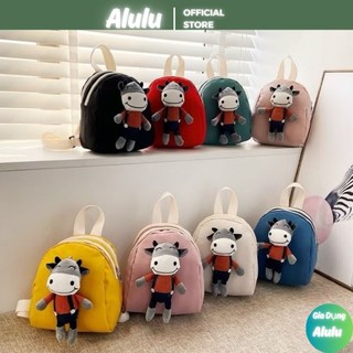 Ba Lô Trẻ Em Mầm Non - Ba Lô Mini Hoạt Hình Gắn Búp Bê Trâu Con, Kích Thước 17cm*7cm*22cm, Nặng 0.25kg