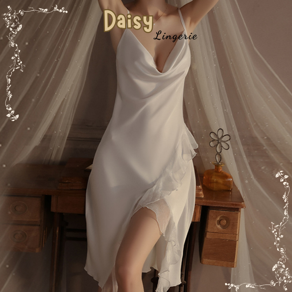 Váy Ngủ Lụa Dáng Dài Sexy Phối Voan Lệch Tà Dáng Xòe 2 Dây Cổ Đổ Gợi Cảm - VN117