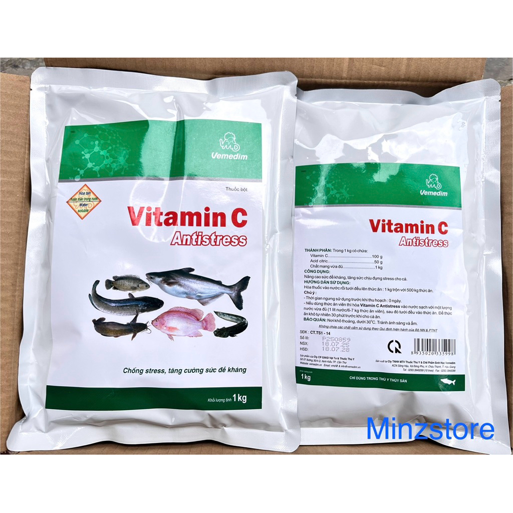 Vitamin C Antistress cá, tăng sức đề kháng, chống stress cho cá, gói 1kg Vemedim (loại tan)