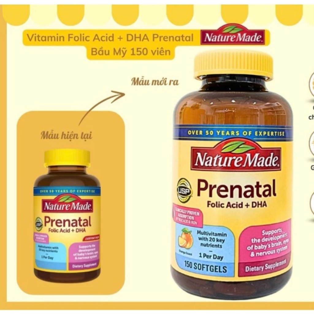 [Date 12/2027] Vitamin Tổng Hợp+DHA Prenatal Bầu Mỹ Nature Made Prenatal Folic Acid+DHA 150 Viên New