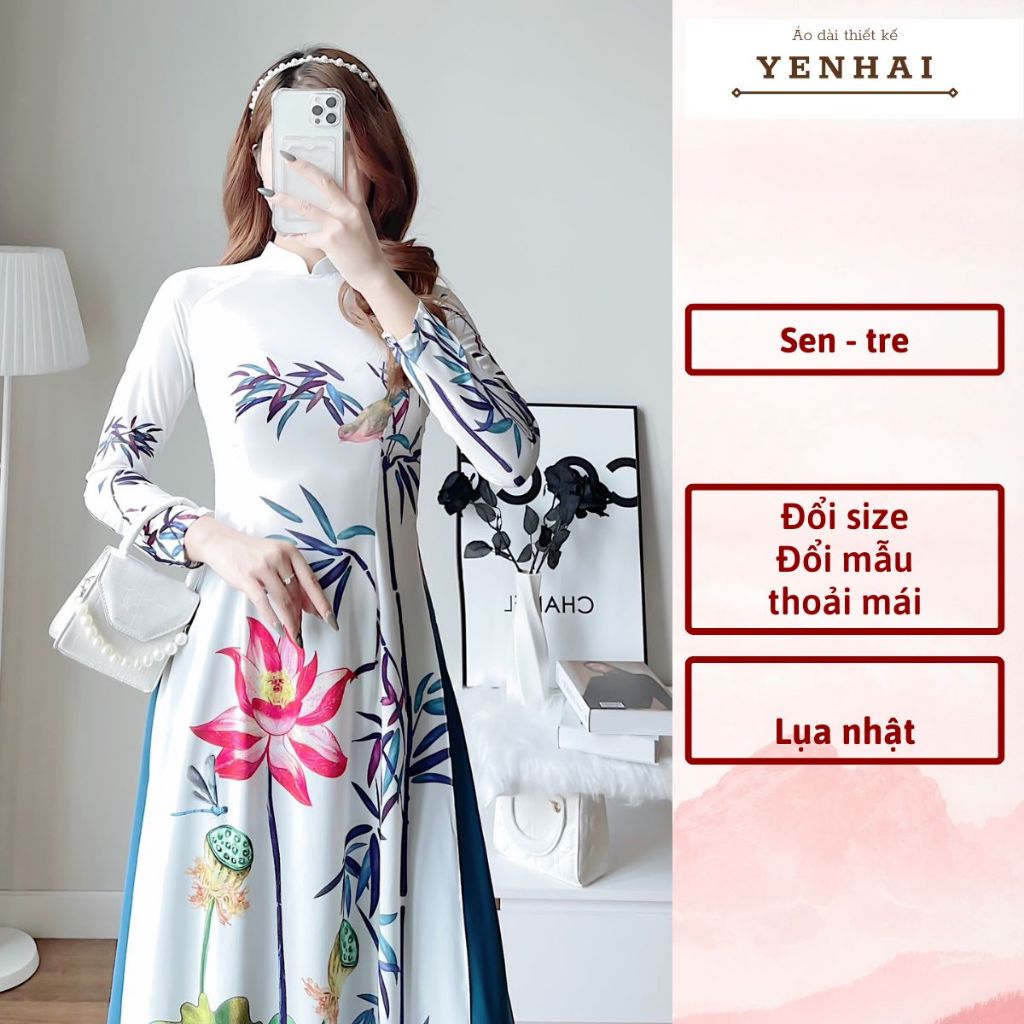 áo dài truyền thống in hoa sen cây tre chất lụa nhật co giãn mềm mịn - D1138