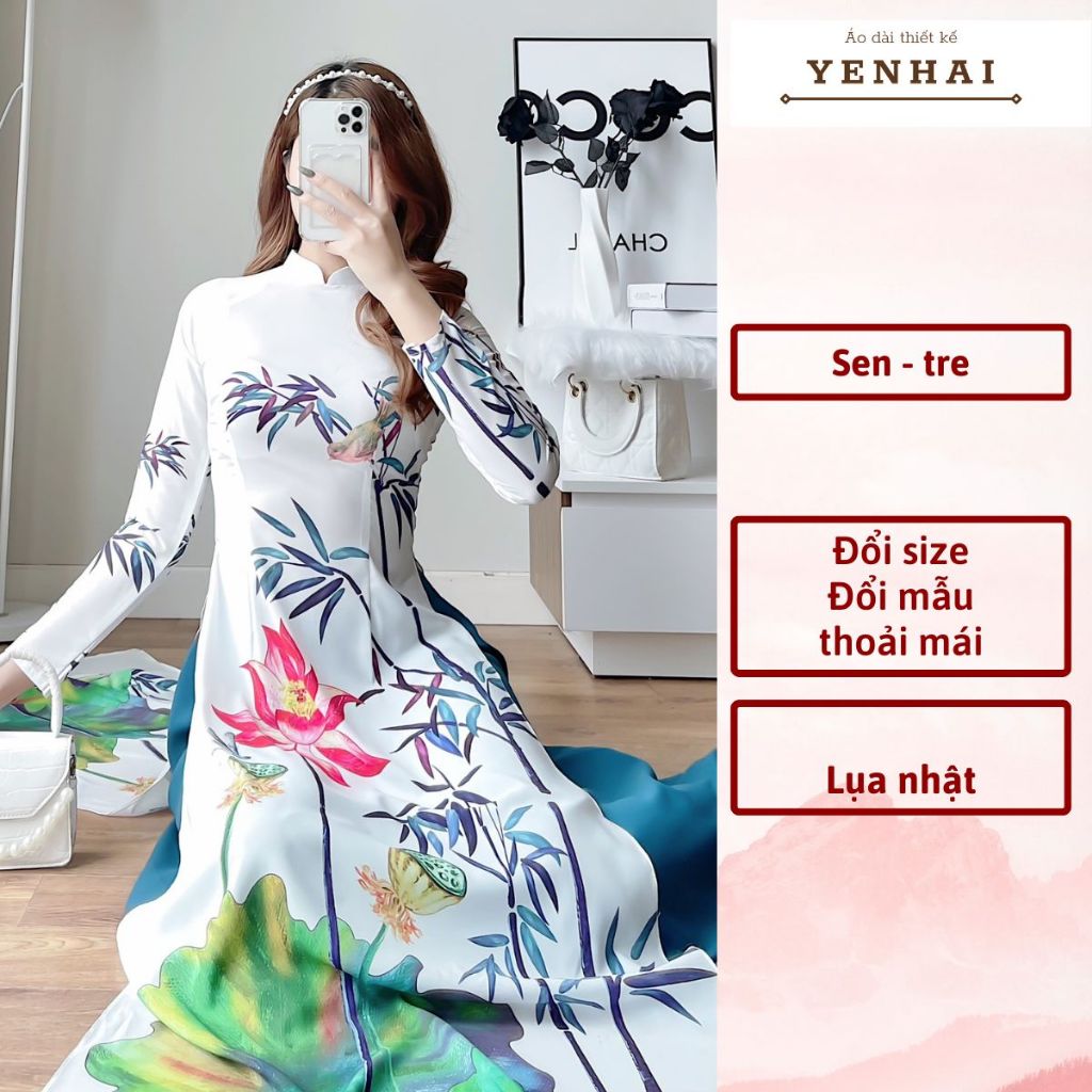 áo dài truyền thống in hoa sen cây tre chất lụa nhật co giãn mềm mịn - D1138