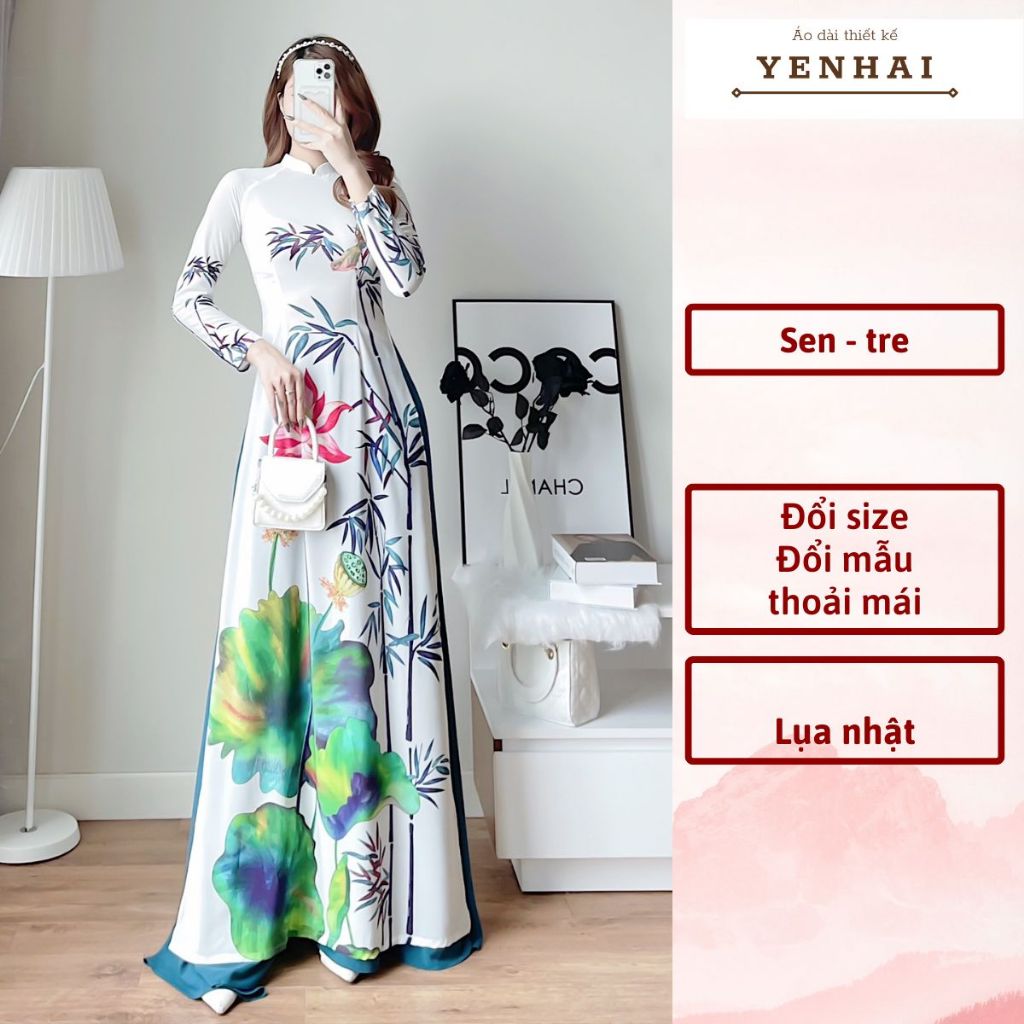 áo dài truyền thống in hoa sen cây tre chất lụa nhật co giãn mềm mịn - D1138