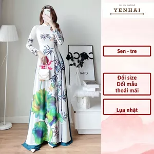 áo dài truyền thống in hoa sen cây tre chất lụa nhật co giãn mềm mịn - D1138