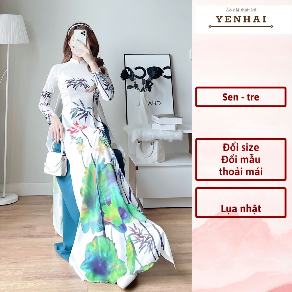 áo dài truyền thống in hoa sen cây tre chất lụa nhật co giãn mềm mịn - D1138