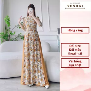 áo dài truyền thống in hoa hồng vàng thiết kế vai bồng chất lụa nhật - D1894