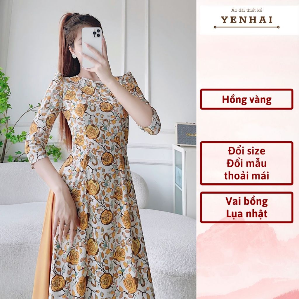 áo dài truyền thống in hoa hồng vàng thiết kế vai bồng chất lụa nhật - D1894
