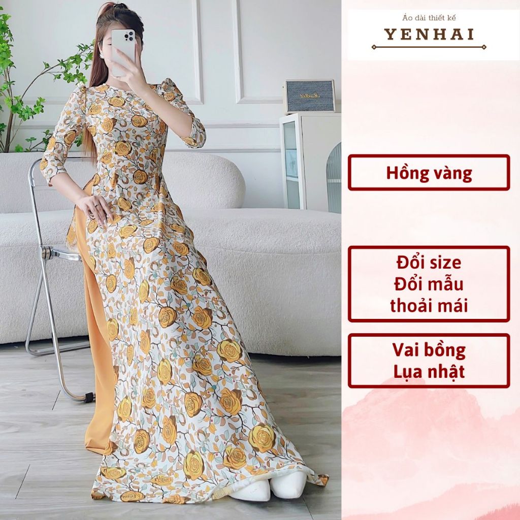 áo dài truyền thống in hoa hồng vàng thiết kế vai bồng chất lụa nhật - D1894