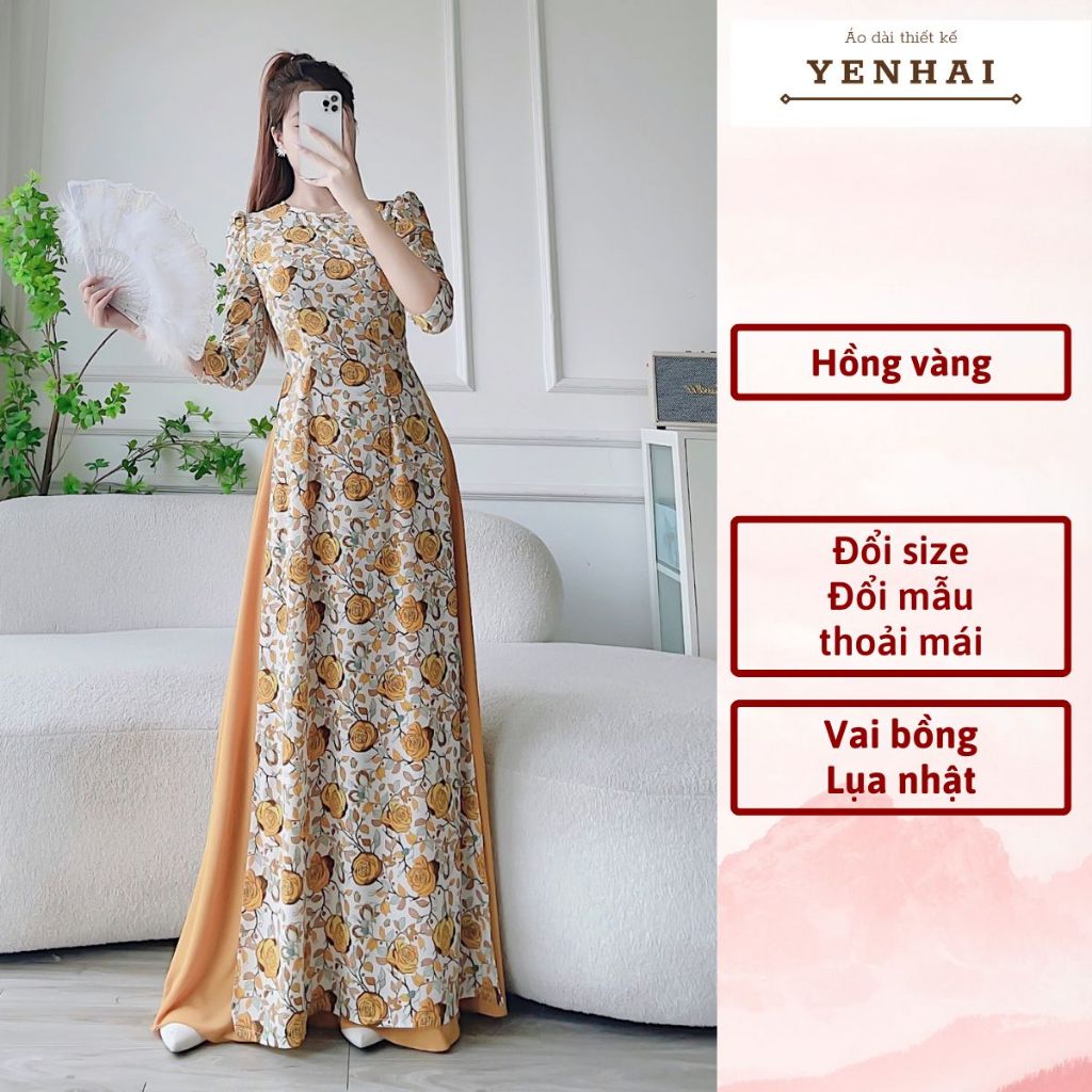 áo dài truyền thống in hoa hồng vàng thiết kế vai bồng chất lụa nhật - D1894